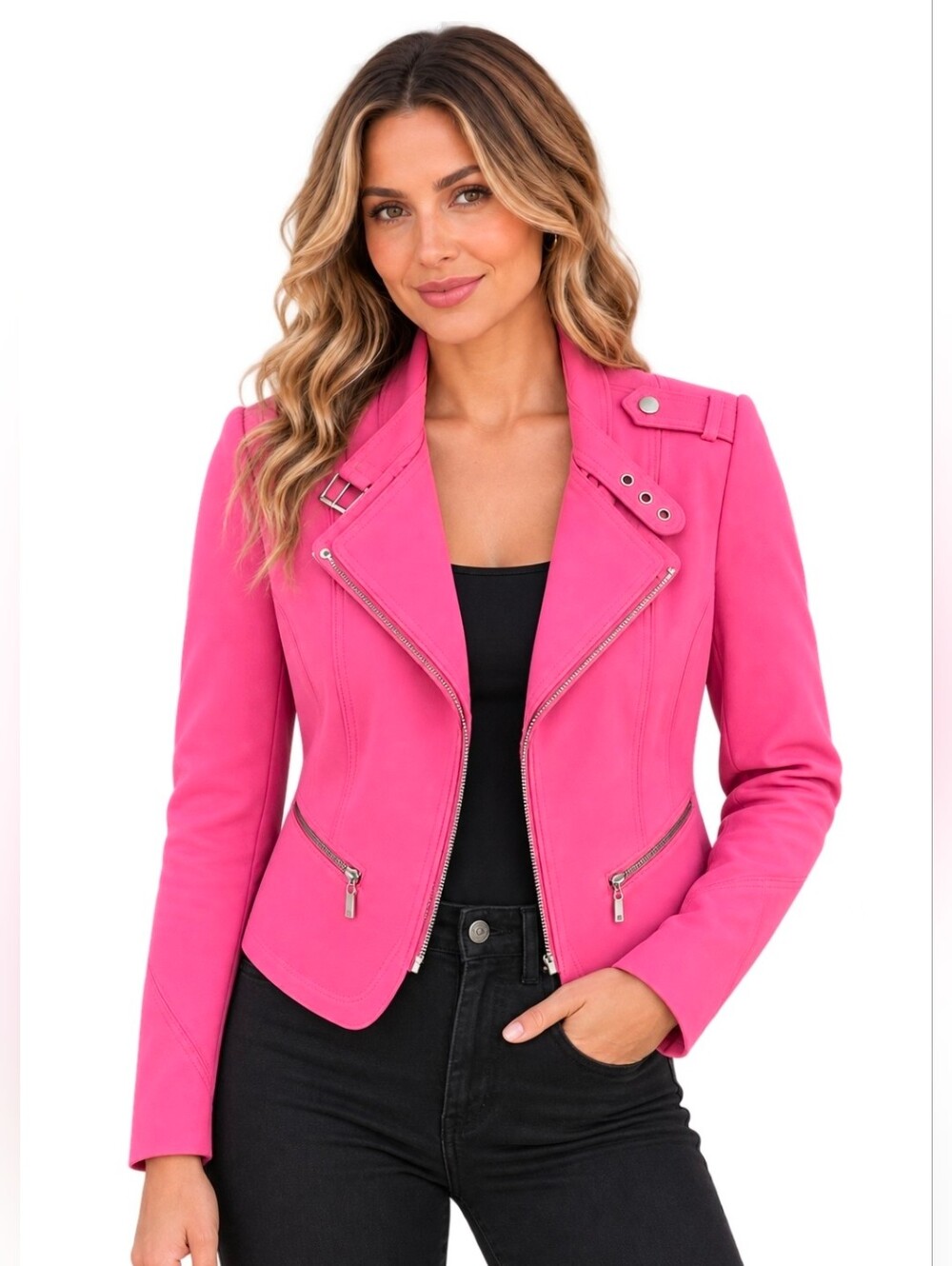 White House Black Market Bubblegum Pink Moto Jacket Size 10 Double Lapel Stretch
